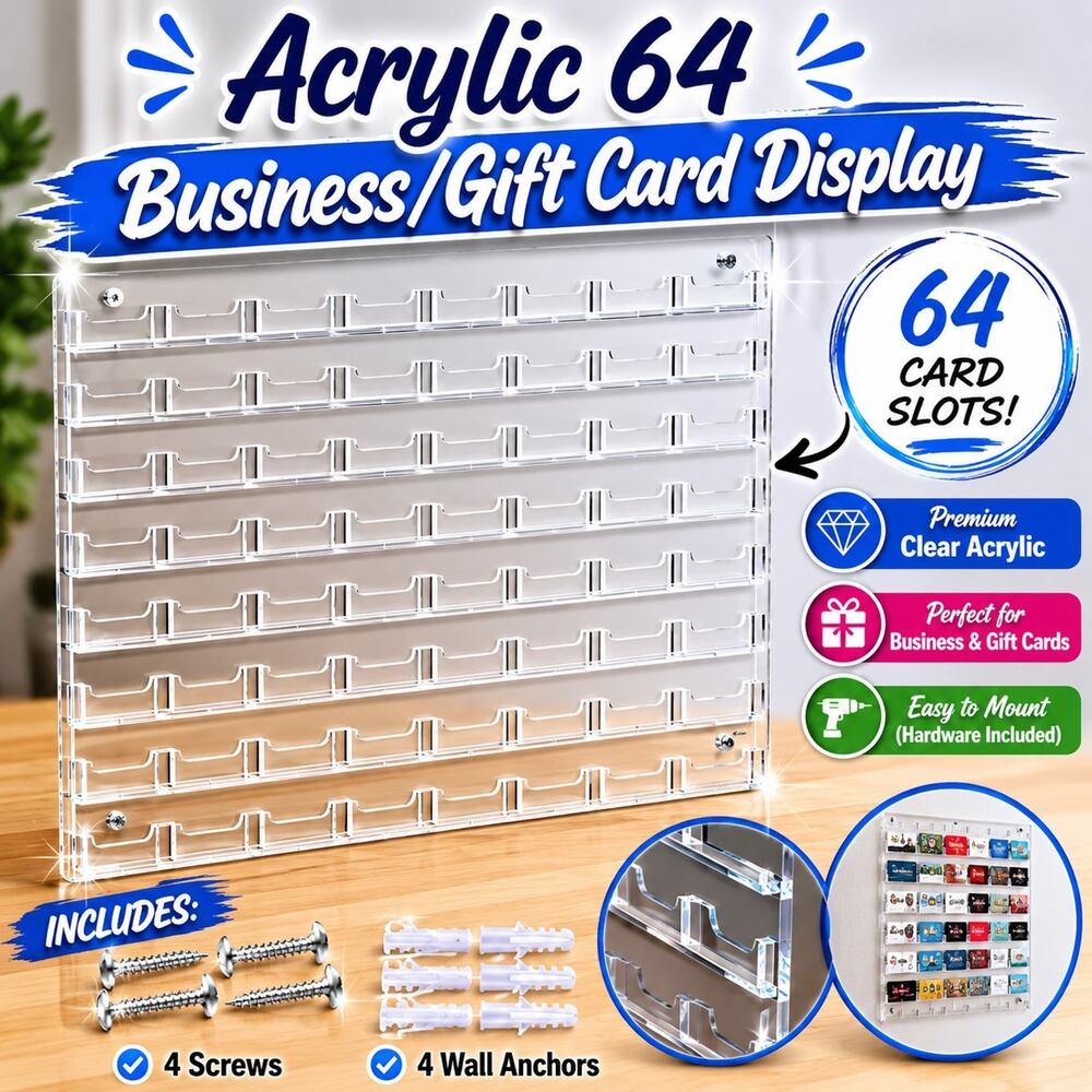 64 Slot Business Card Display Wall Mount Gift Card Holder Rack 22"Tx32"W Acrylic